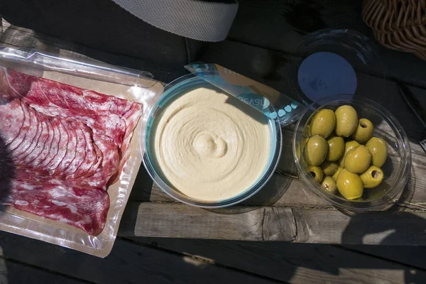 Stockholm Sweden Picnic Lunch Salami Hummus — Stock Photo, Image