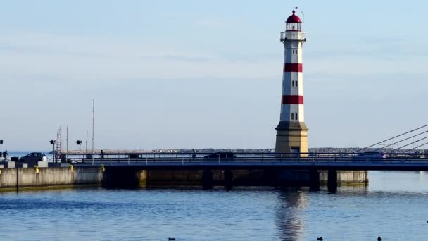 Malm Svezia Faro Vicino Ponte Nel Centro All Alba — Video Stock