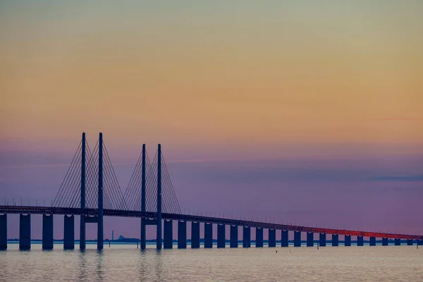 Malmö Szwecja Most Oresund Zachodzie Słońca — Zdjęcie stockowe