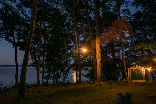 Idskar Sweden Night View Idskar Island Illuminated Outhouse — Stock Photo, Image