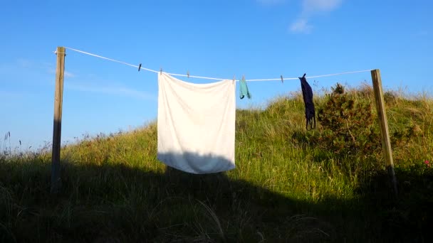 Wäsche Die Einer Wäscheleine Wind Weht — Stockvideo