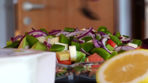 Woman Prepares Larges Salad Fruits Nuts Vegetables — Vídeo de stock