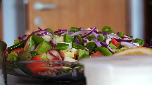 Woman Prepares Larges Salad Fruits Nuts Vegetables — Vídeo de stock