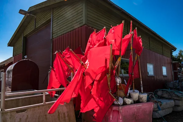 Sillerslev Dinamarca Banderas Boyas Pesca Rojas Puerto — Foto de Stock