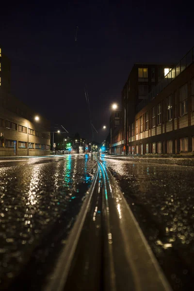 Estocolmo Suécia Trilhos Bonde Noite Subúrbio Liljeholmen — Fotografia de Stock