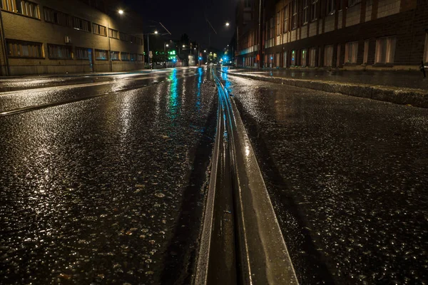Stoccolma Svezia Piste Tram Notte Nel Sobborgo Liljeholmen — Foto Stock