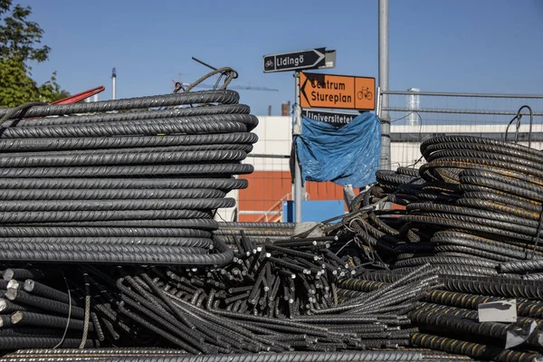 stock image Stockholm, Sweden Steel rods on a flatbed truck on a construction site.