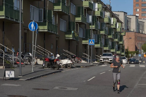 Stockholm Schweden Ein Jogger Gentrifizierten Kvarnholmen Viertel — Stockfoto