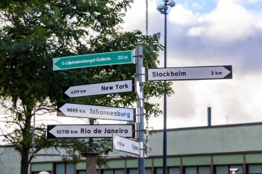 Stockholm, İsveç 6 Ekim 2025 Liljeholmen banliyösündeki bir sokak levhası New York ve Rio gibi ünlü şehirleri ve yerel Liljeholmstorget Galerisi 'ni işaret ediyor..