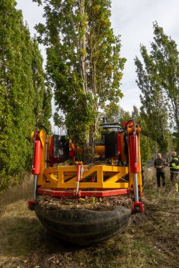Stockholm, İsveç 7 Ekim 2025 ormandaki büyük eklemli bir buldozer ağaç ve kökleri yerden çıkarmak için bir kepçe ile donatılmıştır..