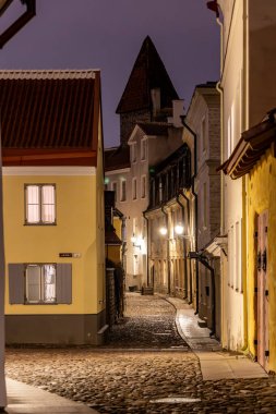 Tallinn, Estonya 15 Aralık 2025 Gece Eski Şehir 'de Dar taşlı cadde.