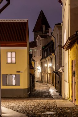 Tallinn, Estonya 15 Aralık 2025 Gece Eski Şehir 'de Dar taşlı cadde.