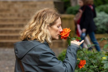 Rabat, Fas 29 Ocak 2026 Turist bir kadın Udayas 'ın Kasbah bölgesindeki Udayas Bahçeleri' ndeki güllerin kokusunu alıyor..