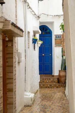 Rabat, Fas Binası Udayas Kasbah 'taki evlerin detayları.,