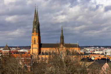 Uppsala, İsveç 3 Mart 3036 Uppsala silueti ve Uppsala Katedrali 'nin panoramik manzarası.