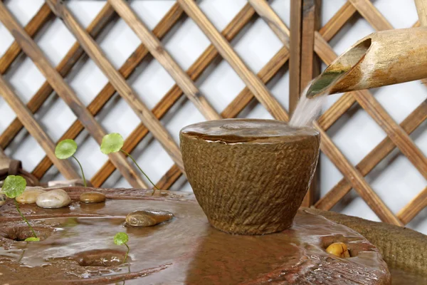 Water and bamboo with stone bowl — Stock Photo, Image