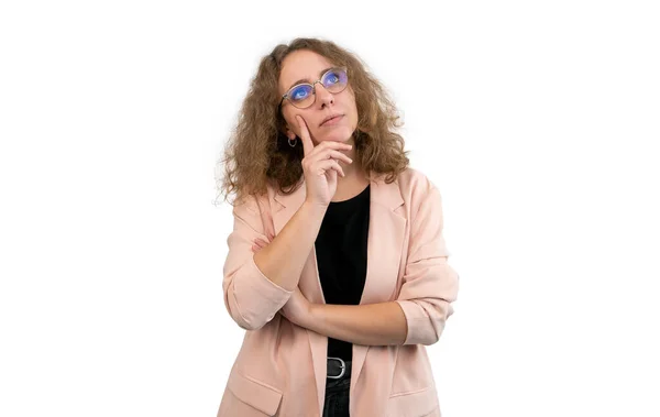 Retrato Uma Empresária Pensar Olhar Para Cima Conceito Reflexão Isolado — Fotografia de Stock