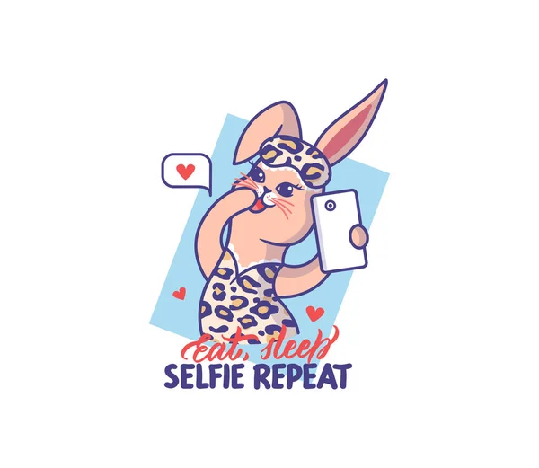 Zajączek Wielkanocny Kocha Selfie Rysunkowy Królik Telefonem Frazą Jedz Śpij — Wektor stockowy