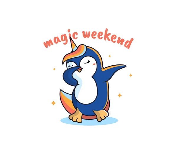 The Magic Unicorn is a penguin. Cartoonish rainbow-animal dancing — Stock Vector