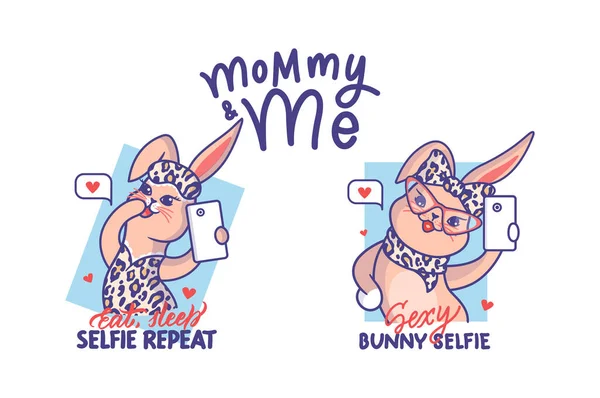 Una serie di conigli divertenti che si stanno facendo un selfie. Cartoni animati conigliette — Vettoriale Stock
