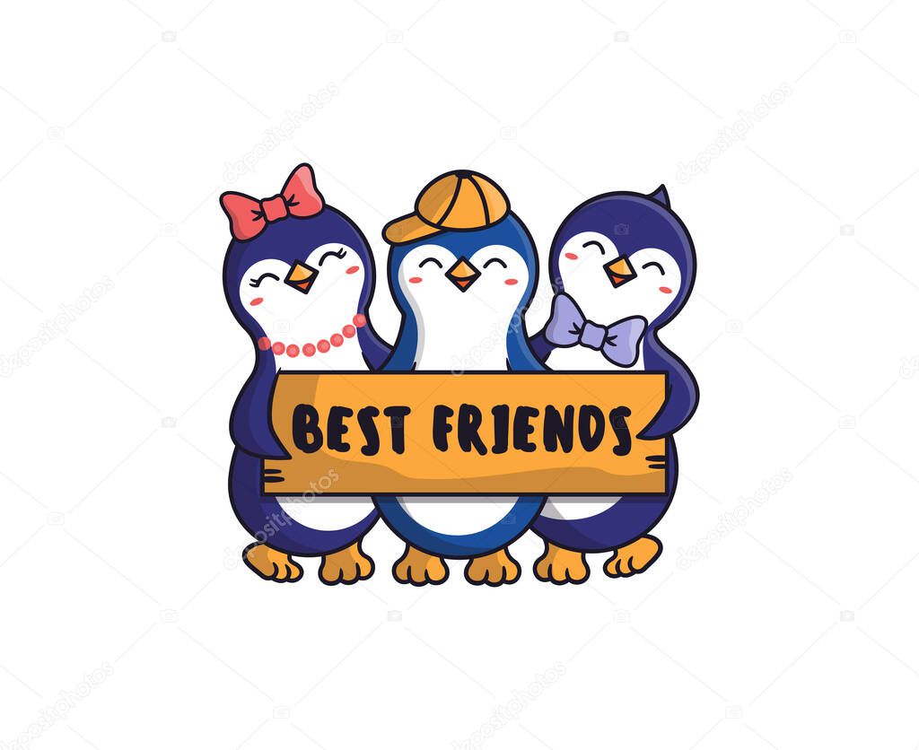 The Penguins friends are hugging. Cartoonish animals are holding inscription plate with lettering phrase - Best Friends. Good for t-shirts, clothes, stickers, etc. Vector illustration