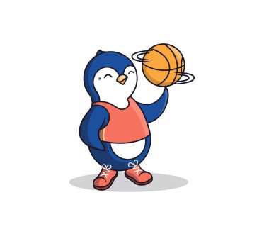 Mutlu Penguen parmağında bir basket topu tutuyor. Karikatürist Spor Hayvanı
