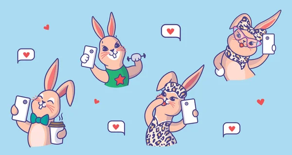 Set di conigli divertenti che si stanno facendo un selfie. — Vettoriale Stock