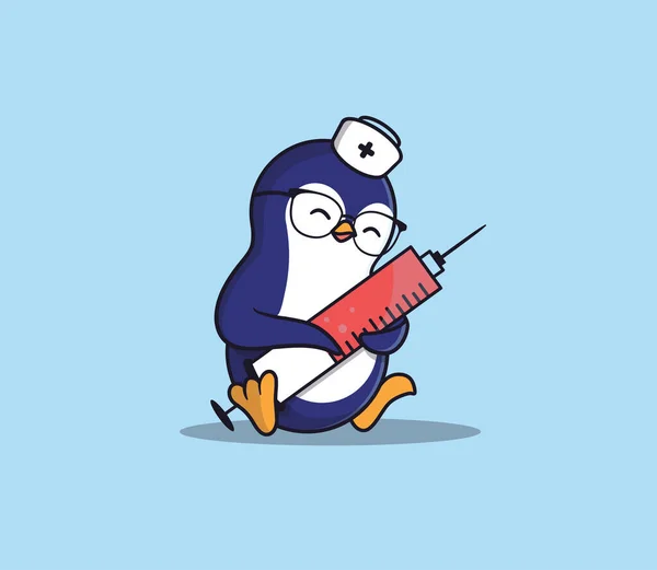 Pingwin to zabawna pielęgniarka. Kreskówkowy charakter zwierzęcia ze strzykawką — Wektor stockowy