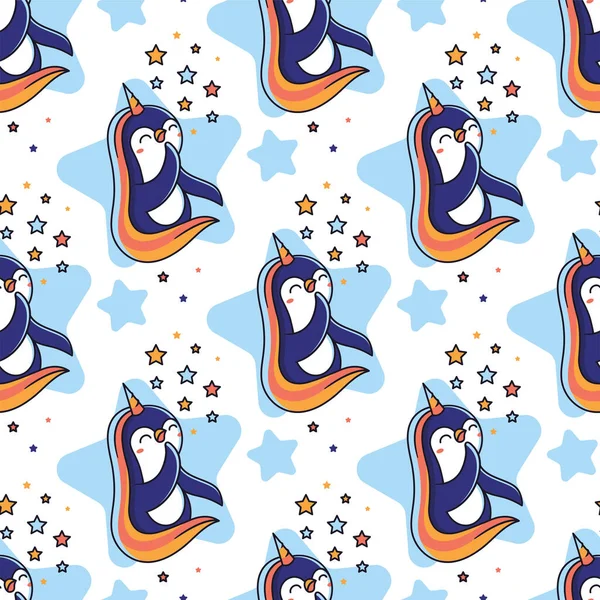 Kreslený tučňák-jednorožec s duhou a hvězdami. Tento tisk, textura — Stockový vektor
