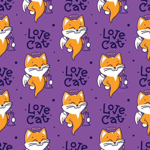 Tecknad kattunge med en text fras - Love cat. Den här spökänglarna är ett tryck, en textur — Stock vektor