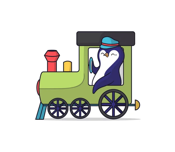 Rajzfilm állati pingvin vezeti a vonatot. A sapkás vicces karakter jó a gyerekeknek. — Stock Vector