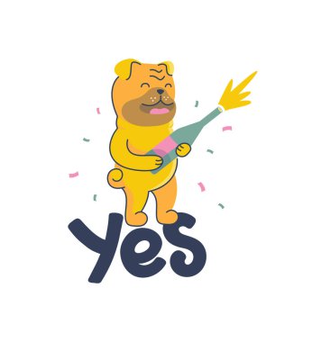 Köpek şampanya şişesini açıyor ve konfetilerin tadını çıkarıyor..