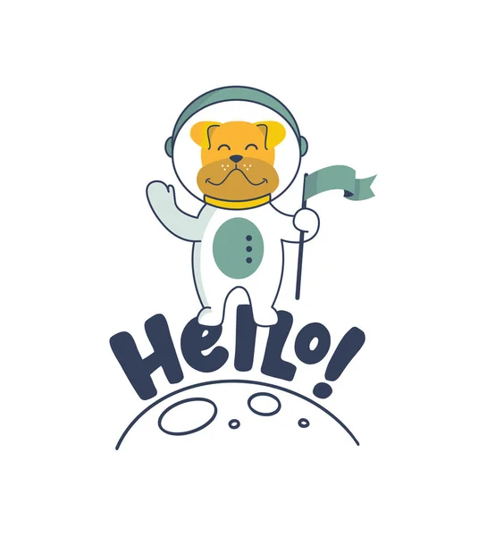 Levelező kifejezés - hello. Az űrhajós karakter egy bolygón van zászlóval. — Stock Vector