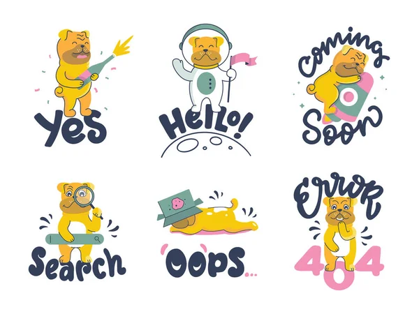 一组矢量插图与斗牛犬不同的主题 网页设计 带有字母短语的卡通动物系列 — 图库矢量图片