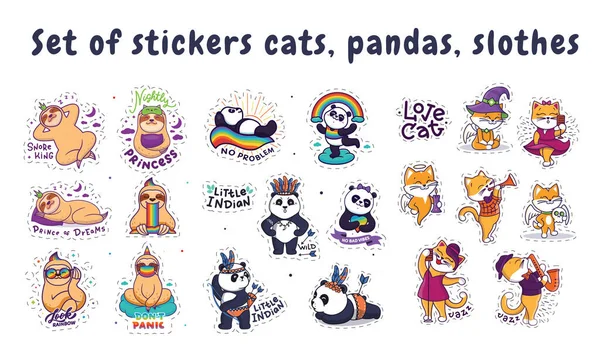 O conjunto de adesivos gato, panda, preguiça. Os personagens dos desenhos animados —  Vetores de Stock