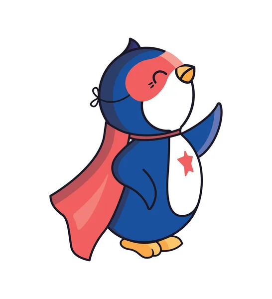 Kreskówkowy pingwin jest super bohaterem. Zabawne zwierzę w płaszczu i masce. — Wektor stockowy