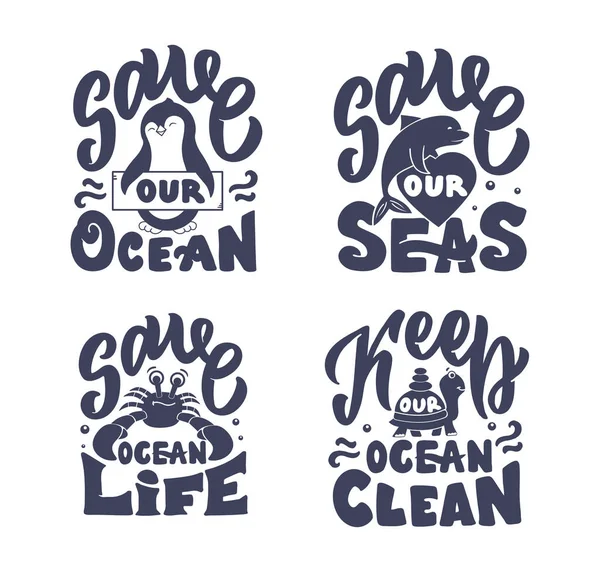 O conjunto de frases sobre o Dia Mundial dos Oceanos, Salve o Oceano, Salve o Mar e Zero Resíduos. —  Vetores de Stock