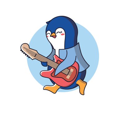 Komik penguen bir gitarist. Müzik çıkartması için komik hayvan karakterleri