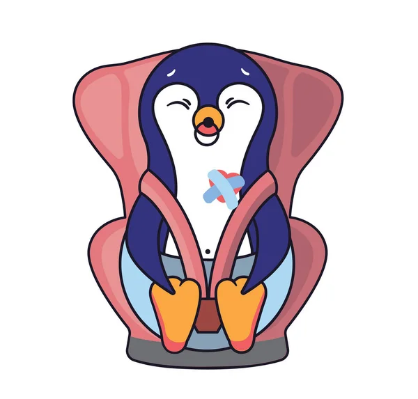 Słodki pingwin jest dzieckiem w foteliku dla dziecka. Zabawny charakter dla dzieci z chorobami serca. — Wektor stockowy