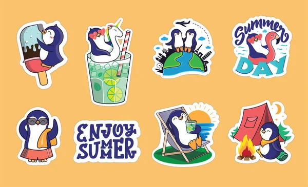 The set of stickers for summer holidays. Hand-drawn collection of cartoon animals — Stock Vector