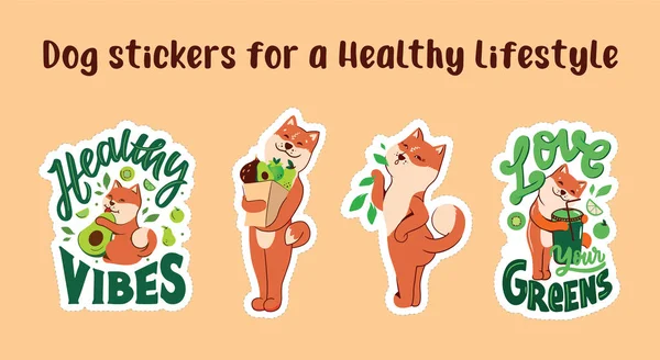 The cartoon collection of dogs with lettering phrases. The set of stickers for a healthy vibes. — Stockvektor