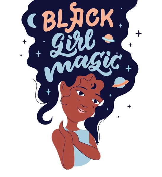 Citatul ezoteric cu fata de desene animate este un astrolog. Fraza de scriere - magia fetei negre — Vector de stoc