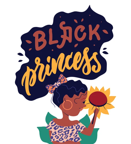 The art image with cartoon afro girl. The lettering phrase - Black princess — 图库矢量图片