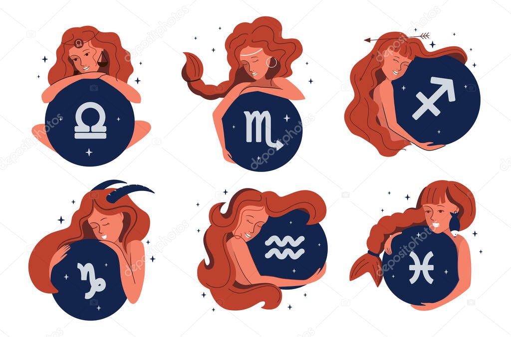 The set of stylized girls and a zodiac signs. The cartoon character is good for astrology, horoscopes, constellation, etc. The collection vector illustration