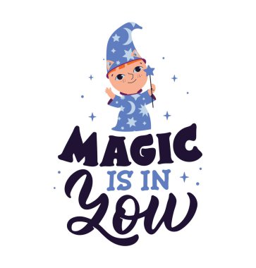 İçinde mesaj olan sihirli kart. Harf cümlesi - Sihir senin içinde ve çizgi film bebek büyücüsü mutlu Cadılar Bayramı tasarımları, sihirbaz posterleri vs. için iyidir. Vektör illüstrasyonu