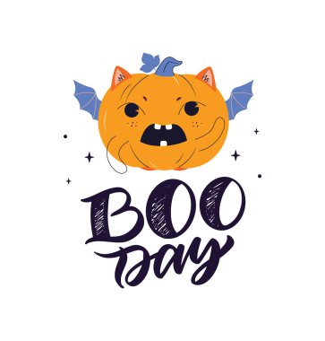 Sihirli imge ve mesaj - Boo günü. Harf cümlesi ve çizgi film balkabağı mutlu Cadılar Bayramı tasarımları, sihirbaz kartları, ezoterik vs. için iyidir. Vektör illüstrasyonu