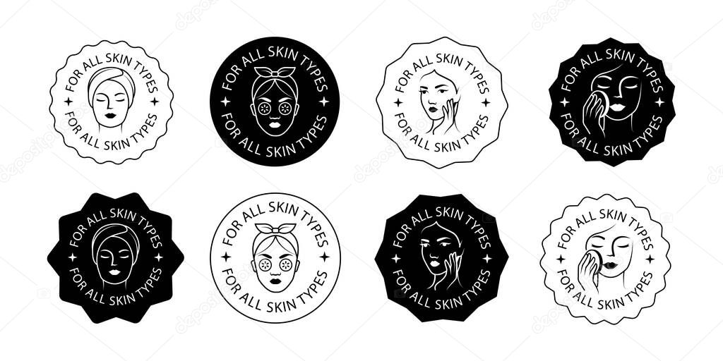 Skin Care Label Icon Set For All Skin Types, Face Beauty and Cosmetic Packaging Symbols in a vector illustration