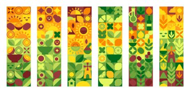 Organik geometrik set. Vektör meyveler, sebzeler, yapraklar, yağ ve çevre sancakları. Blok deseni, retro soyut, ve minimalist basit şekil, kübizm tarzı