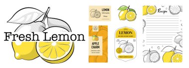 Logolar, Etiketler, Etiketler, Etiketler, Fiyat Etiketleri ve Gıda ve İçecek İşletmeleri Menü Tasarım Elementleri ile Limon Damgalama Vektörü Seti