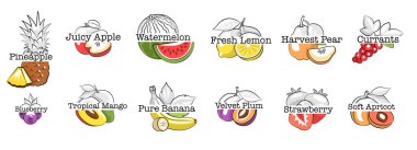 Markalaşma, Çiftlik Temalı Şablonlar için El Çizimleri ve Yaratıcı Metin Kompozisyonları ile Vintage Fruit Logo Vector Set